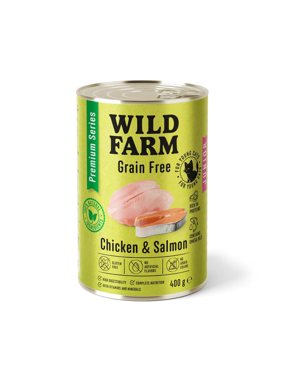 WILD FARM Premium Grain Free Chicken and Salmon Junior 400g  - bezzbożowa karma dla kociąt