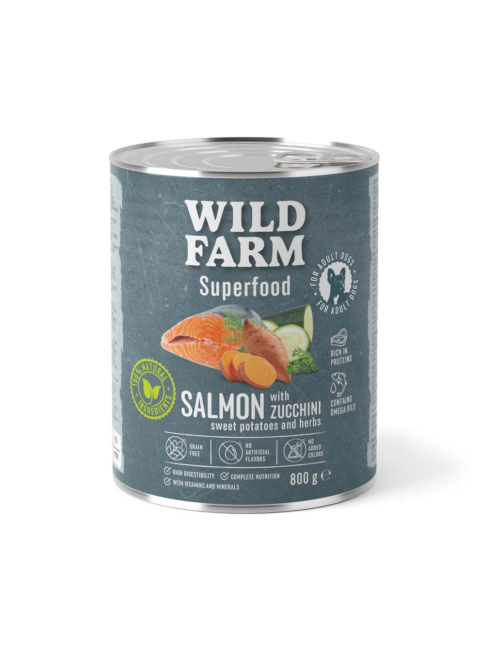 WILD FARM Superfood Salmon (Łosoś z cukinią, słodkimi ziemniakami i ziołami) 800g bezzbożowa karma dla psa