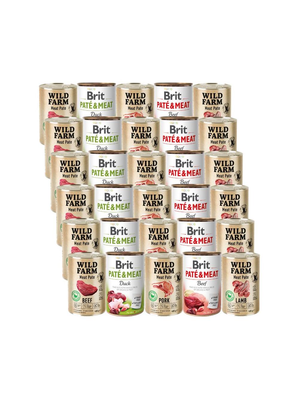 BRIT PATE & MEAT + WILD FARM Pate Mix smaków 30x400g