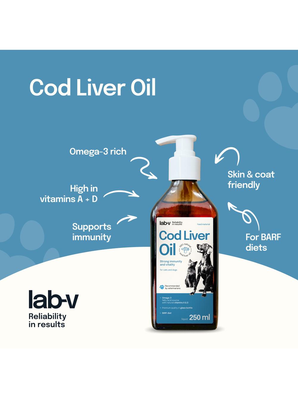 Lab-v Cod Liver Oil – Olej z wątroby dorsza 100% dla psa i kota 250ml