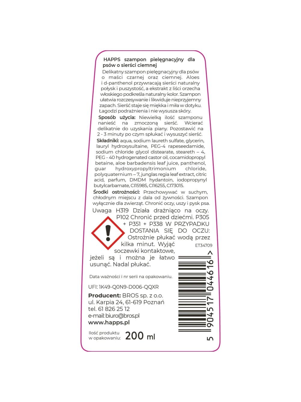 HAPPS - szampon pielęgnacyjny dla psów o sierści ciemnej 200ml
