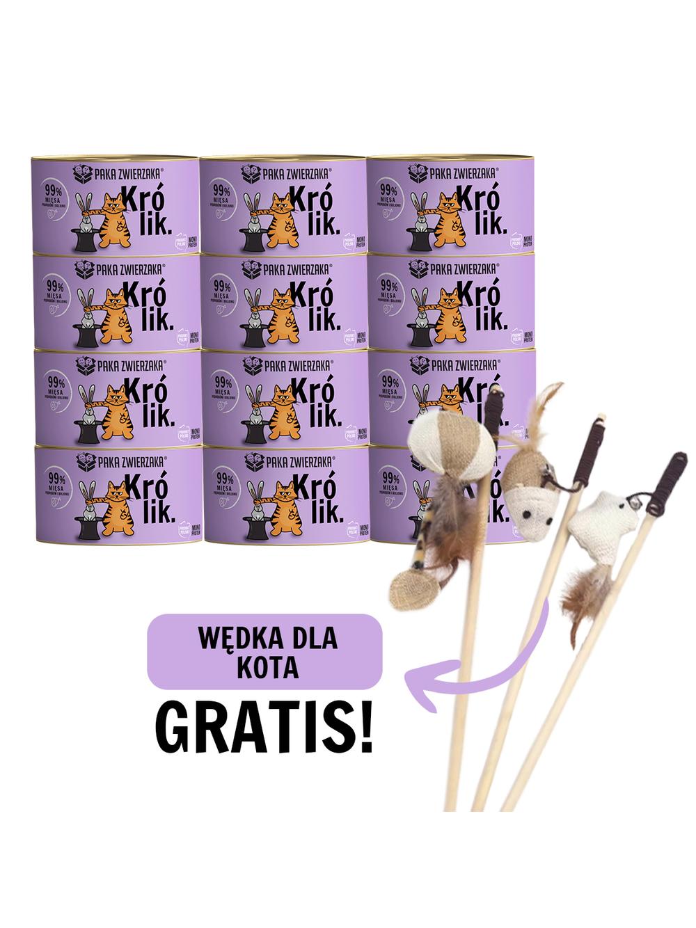 Paka Zwierzaka- karma mokra dla kota królik  12x200g + WĘDKA DLA KOTA GRATIS !!!