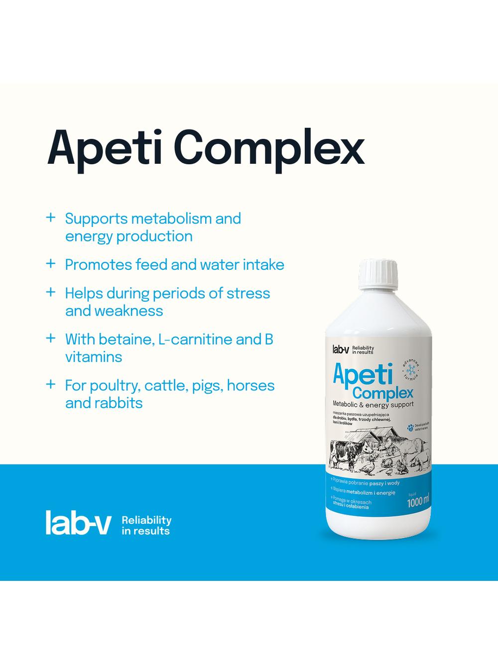 Lab-v Apeti Complex – wsparcie metabolizmu, energii i pobrania paszy dla drobiu, bydła, świń, koni i królików 1000 ml