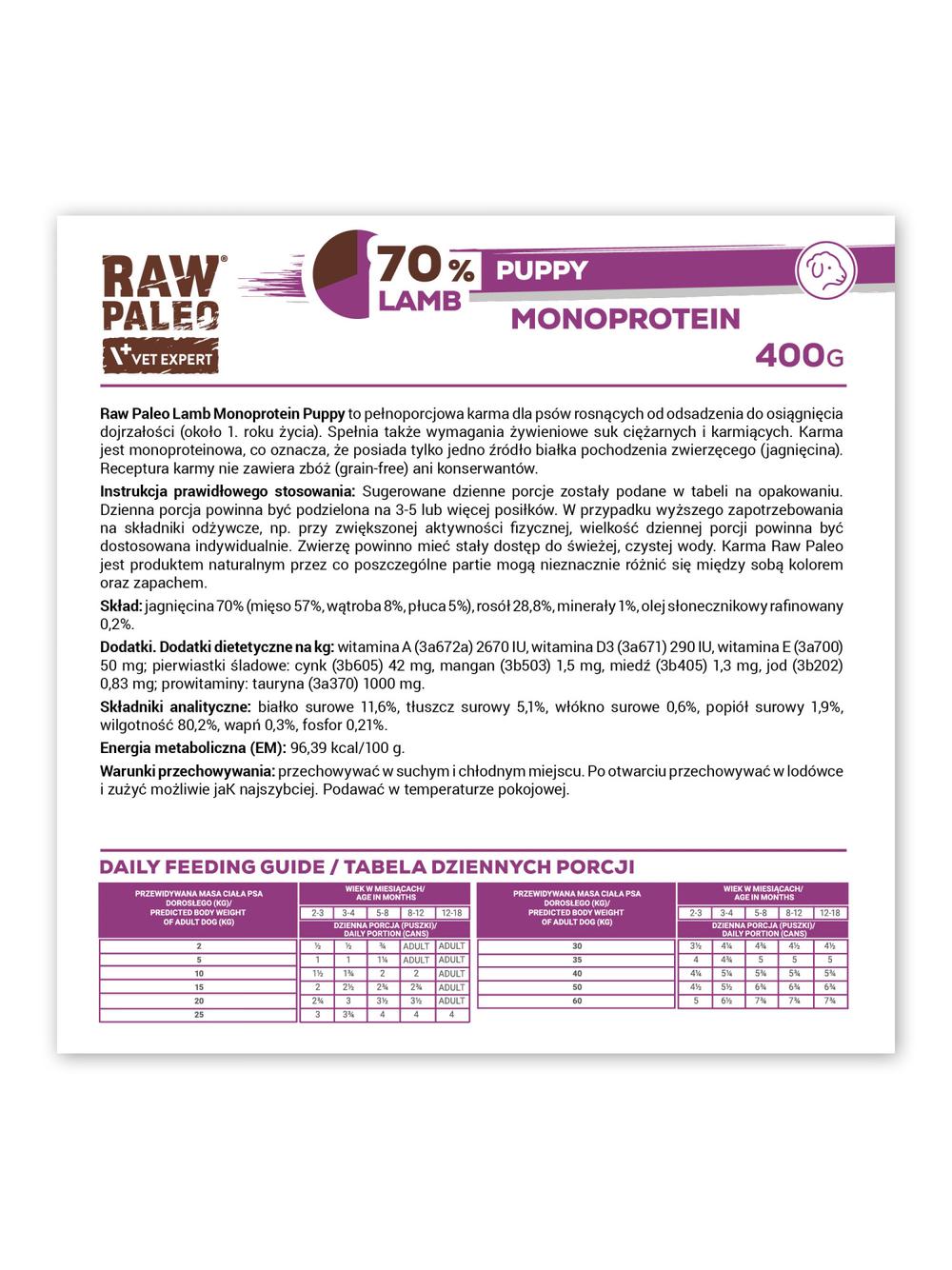 Vetexpert Raw Paleo Monoprotein Puppy Lamb 6x400g