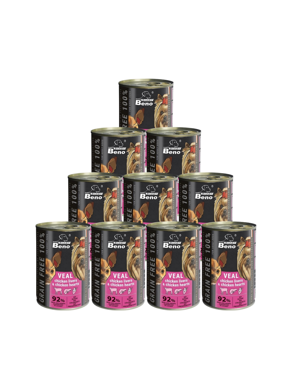 Super Beno PIES bezzbożowe kąski z cielęciną, wątróbką drobiową i sercami drobiowymi w sosie 10x415g