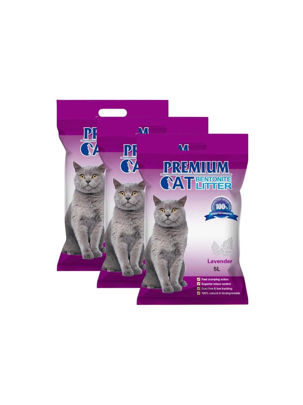 Premium Cat Żwirek Bentonitowy Zbrylający - Lawendowy dla kota 3x5L