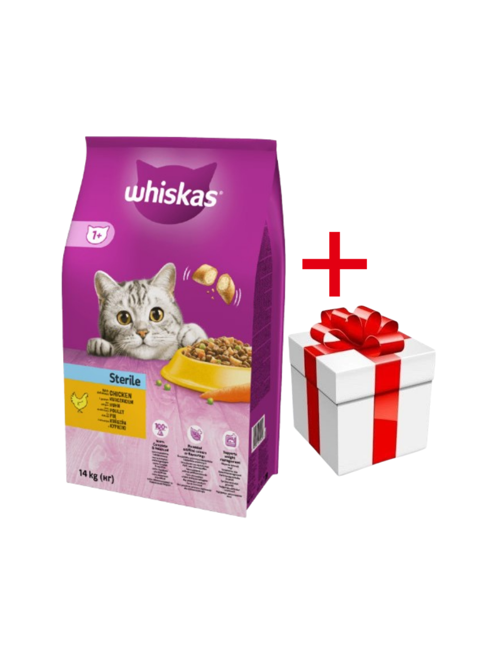 WHISKAS Sterile 14 kg - sucha karma dla dorosłego kota po zabiegu kastracji, z pysznym kurczakiem + niespodzianka dla kota GRATIS!!!