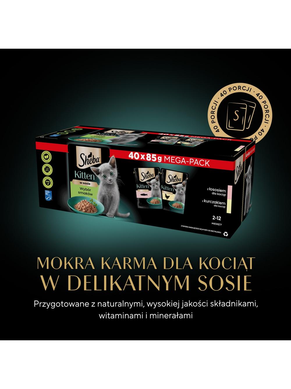 SHEBA Kitten Wybór Smaków saszetki 40x85 g – mokra karma pełnoporcjowa dla kociąt, w sosie (kawałki z: łososiem, kurczakiem)