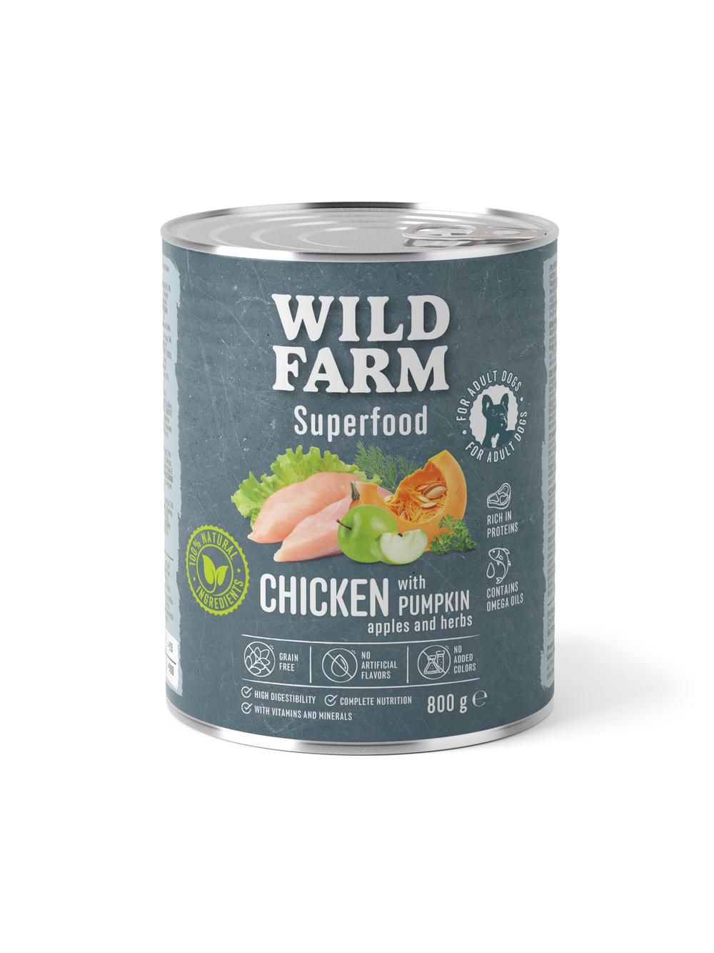 WILD FARM Superfood Chicken (Kurczak z dynią, jabłkiem i ziołami) 800g bezzbożowa karma dla psa
