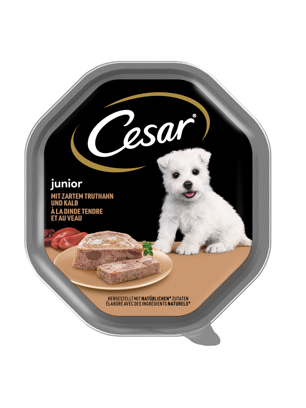 CESAR Junior tacka 14x150 g – mokra karma pełnoporcjowa dla szczeniąt, z indykiem i cielęciną, w pasztecie