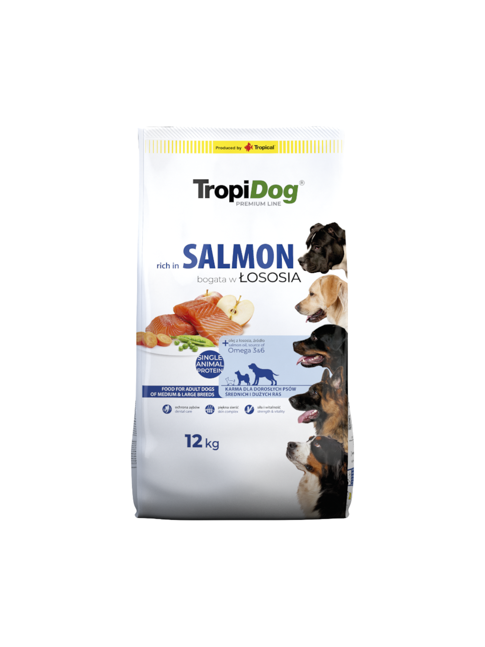 TROPIDOG Premium Adult medium & large breeds bogaty w łososia i ryż 12kg