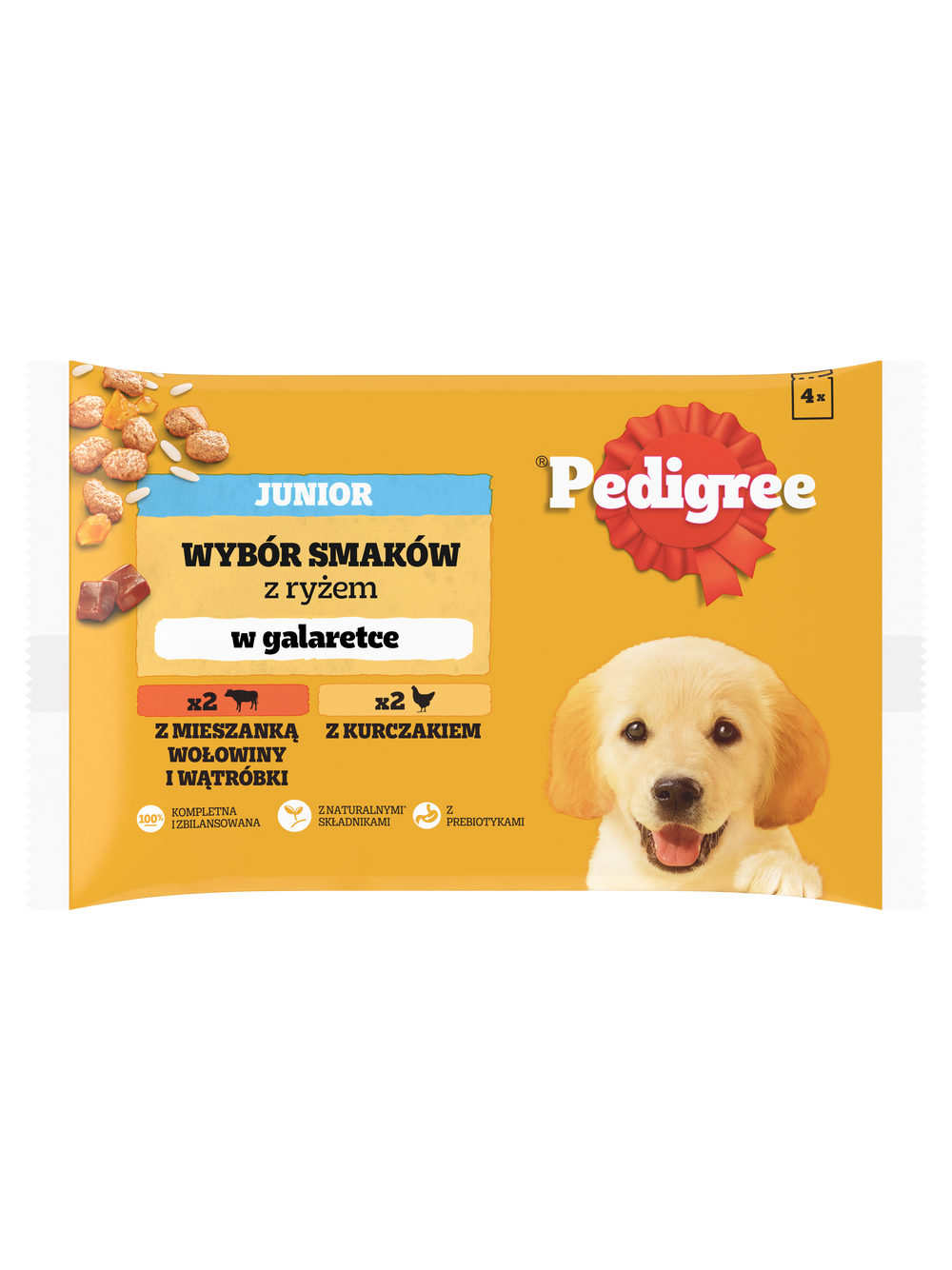 PEDIGREE Junior saszetka 4x100 g - Wybór Smaków z Ryżem w Galaretce, mokra karma pełnoporcjowa dla rosnących psów (kawałki bogate w kurczaka oraz kawałki bogate w mieszankę wołowiny i wątróbki)