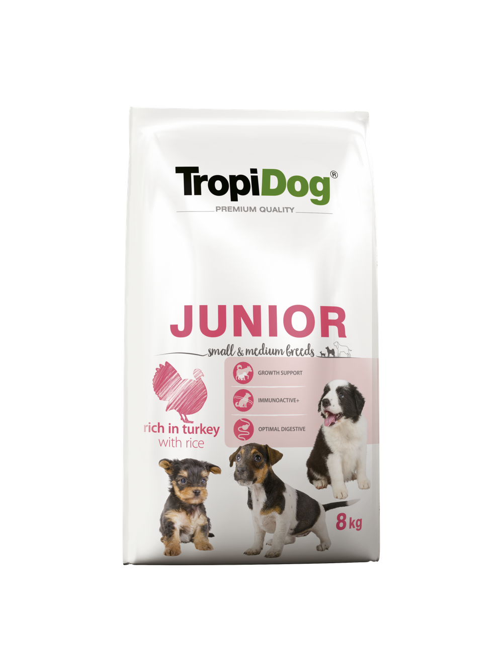 TROPIDOG Premium Junior Small and Medium Breeds bogaty w indyka i ryż 8kg + Miska mała GRATIS!!