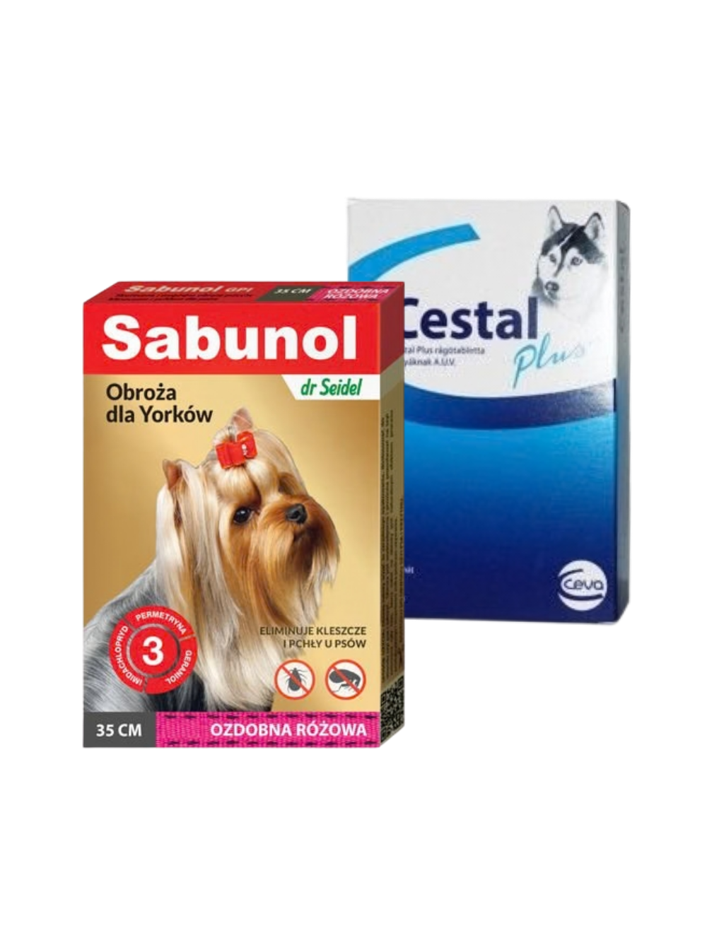 Sabunol ozdobna różowa obroża przeciw pchłom i kleszczom dla psa 35 cm+ Cestal Dog Plus tabletki na odrobaczanie psów 2 sztuki