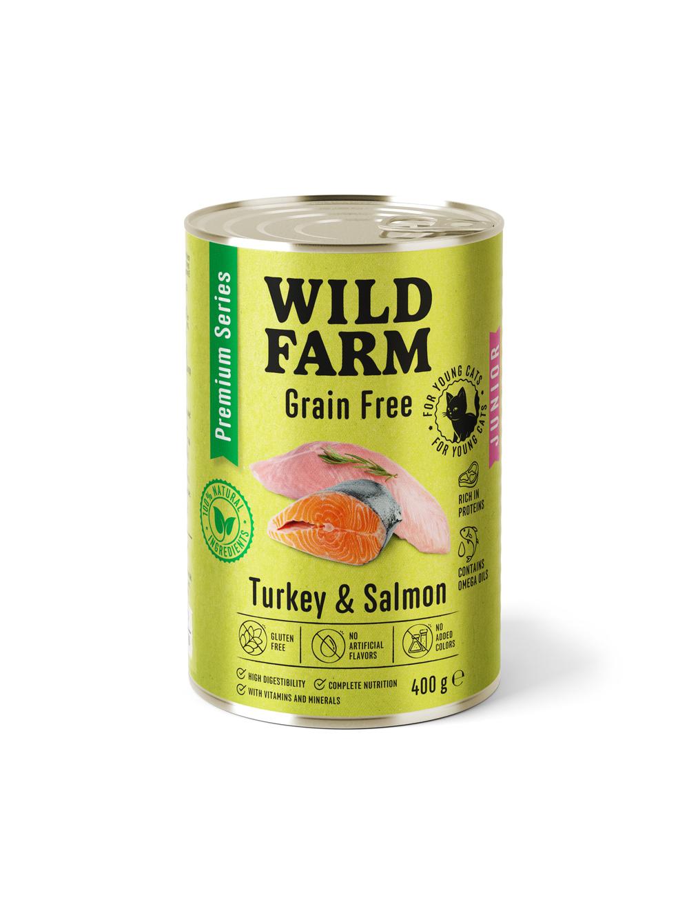 WILD FARM Premium Grain Free Turkey and Salmon Junior 400g  - bezzbożowa karma dla kociąt