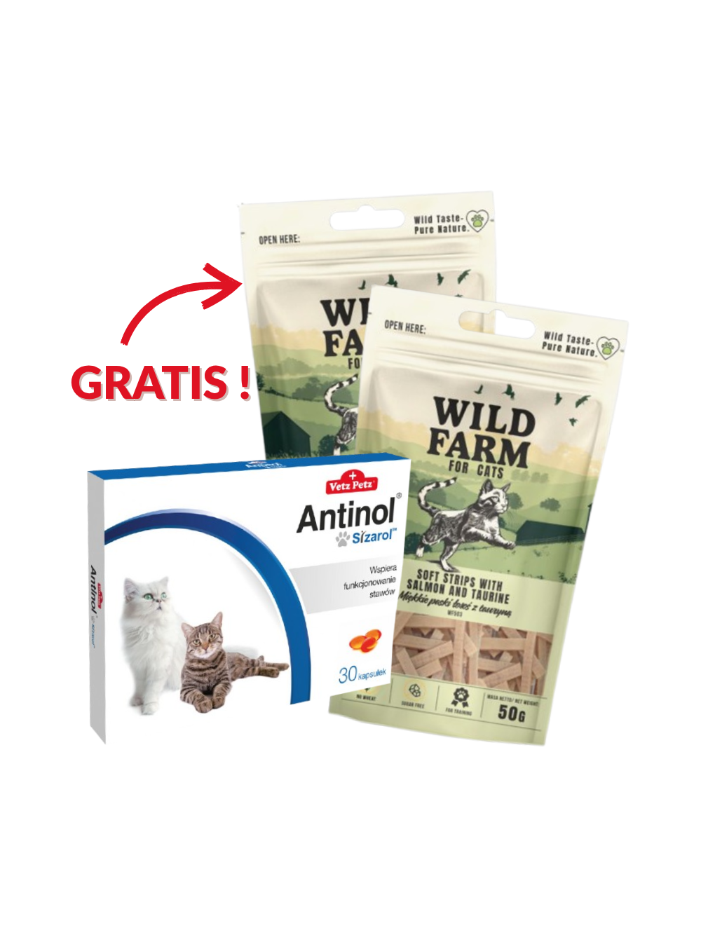 BIOVICO ANTINOL SIZAROL KOT 30 tabletek NA STAWY+ GRATIS WILD FARM miękkie paski łosoś z tauryną 2x50g!