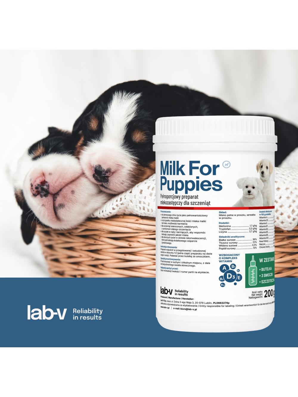 Lab-v Milk For Puppies- mleko dla szczeniąt 200g-Zestaw z butelką i smoczkami