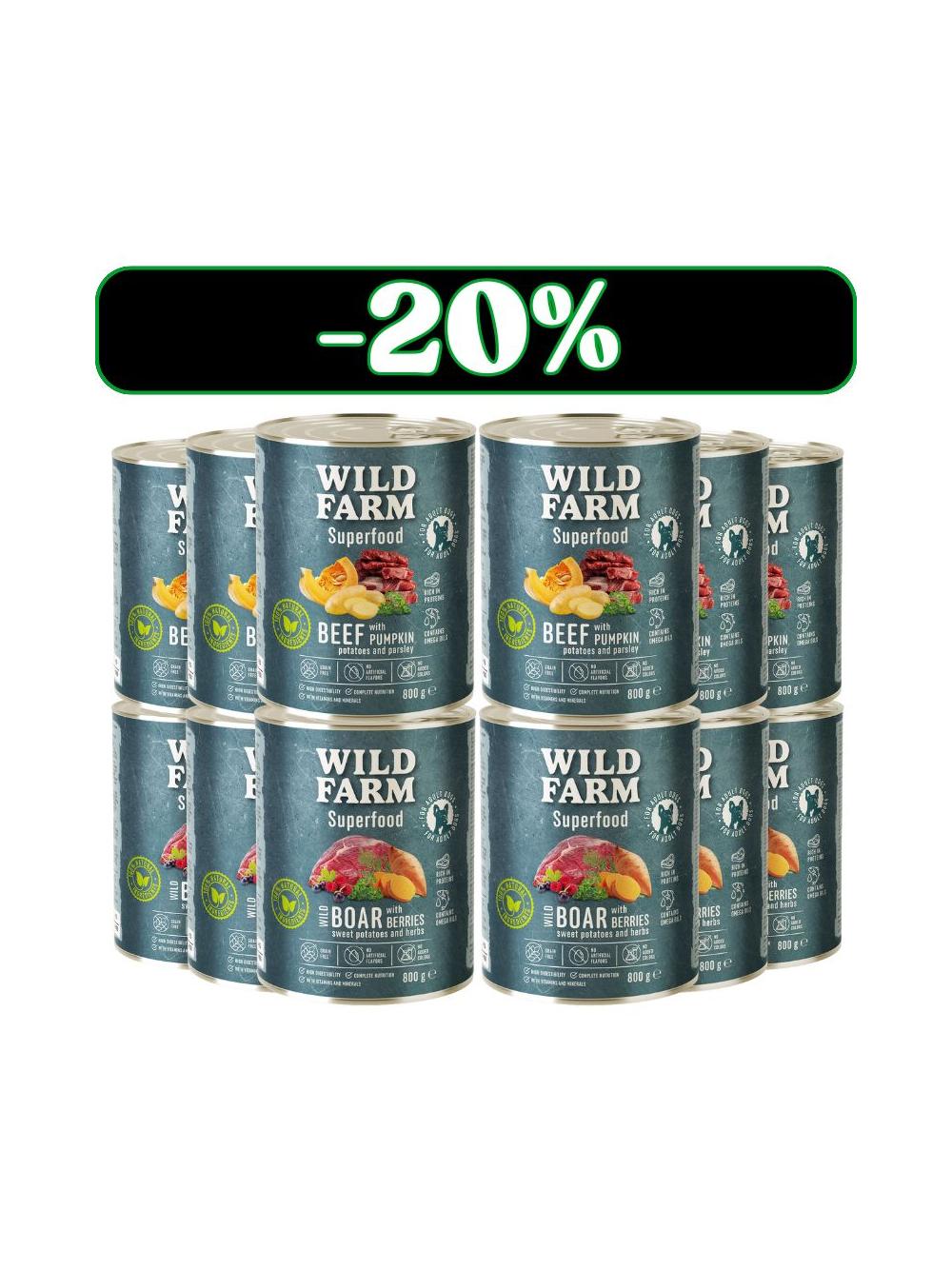 WILD FARM Superfood Beef / Wild Boar 12x800g bezzbożowa karma dla psa