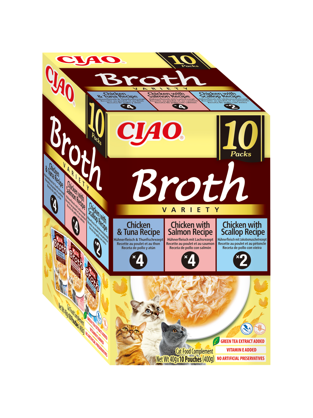 INABA Ciao Broth - karma uzupełniająca dla kota o smaku kurczaka i łososia, kurczaka i tuńczyka, kurczaka i przegrzebek 10x40g