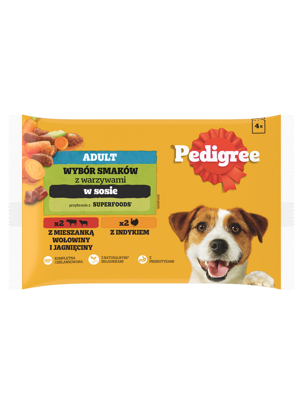 PEDIGREE Adult saszetka 4x100 g - Wybór Smaków z Marchewką w Sosie, mokra karma pełnoporcjowa dla dorosłych psów (kawałki bogate w mieszankę wołowiny i jagnięciny oraz kawałki bogate w indyka)