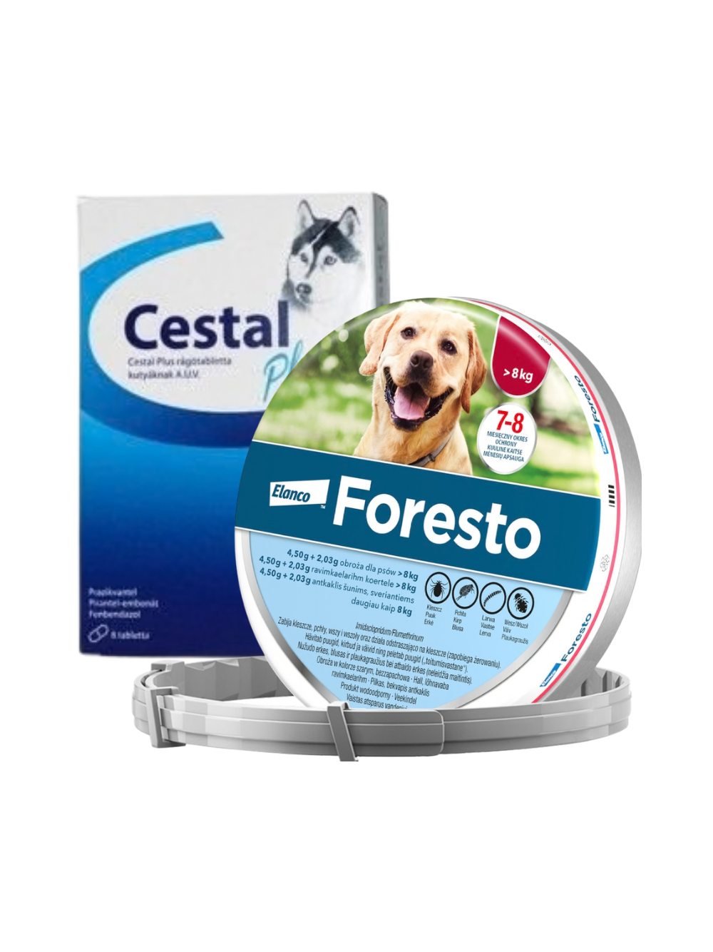 ELANCO Foresto Obroża dla psów powyżej 8kg+ Cestal Dog Plus tabletki na odrobaczanie psów 2 sztuki