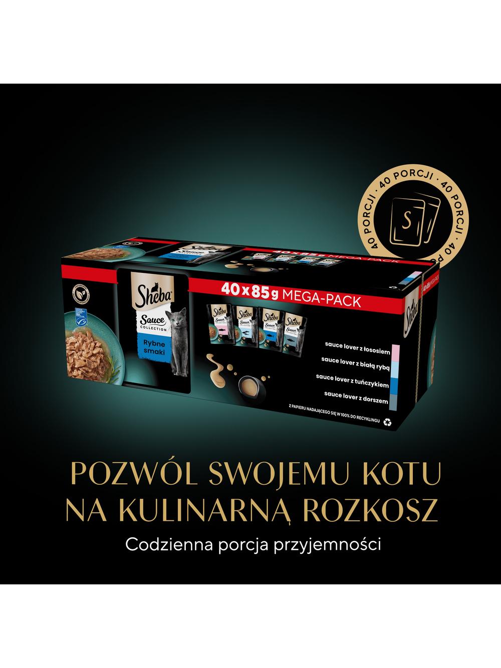 SHEBA Sauce Collection Rybne Smaki saszetki 40x85 g – mokra karma pełnoporcjowa dla dorosłych kotów, w sosie