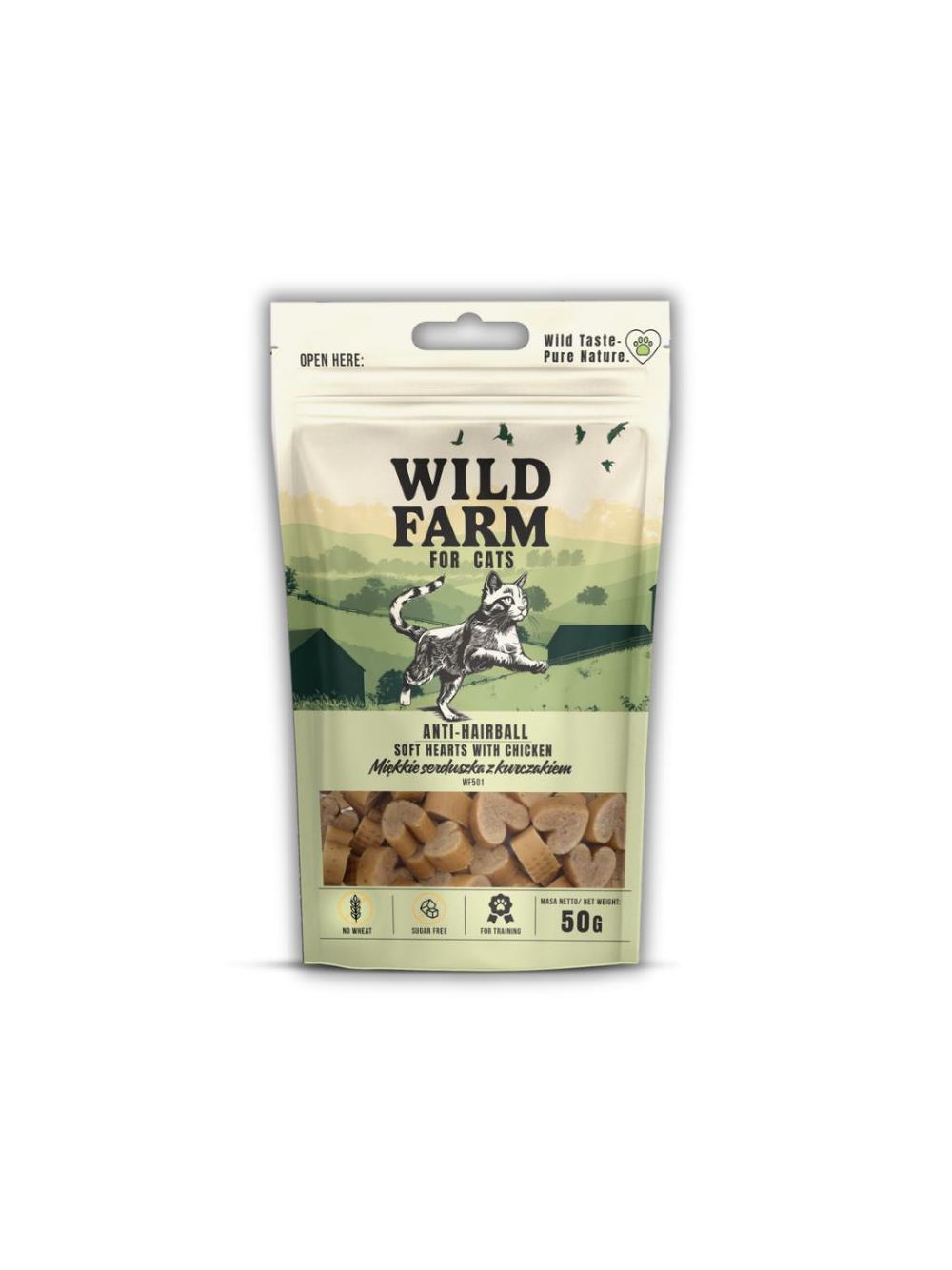 WILD FARM anti-hairball miękkie serca z kurczaka 50g przysmak dla kota