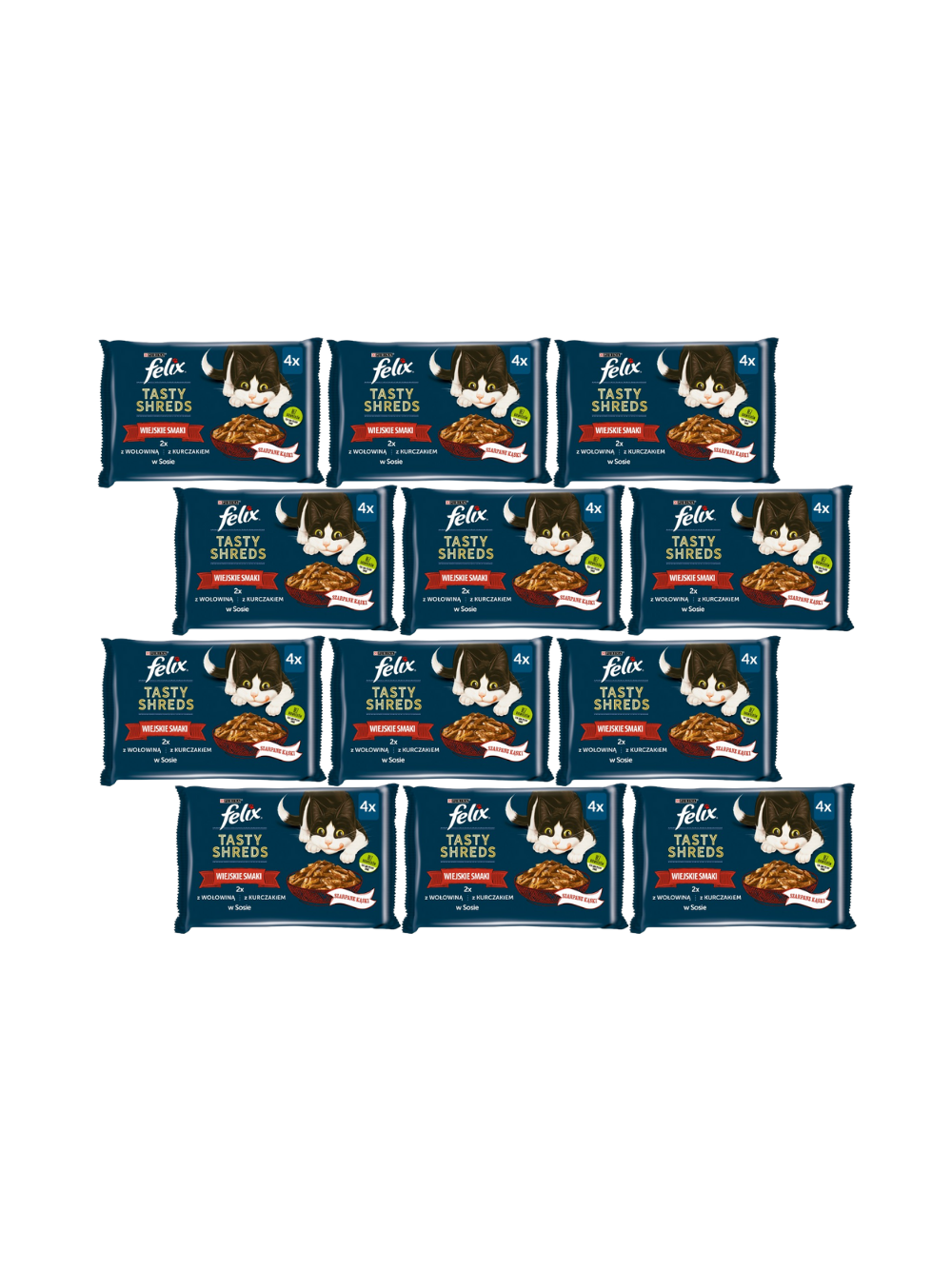FELIX Tasty Shreds Karma dla dorosłych kotów wiejskie smaki w sosie 12x(4x80g)