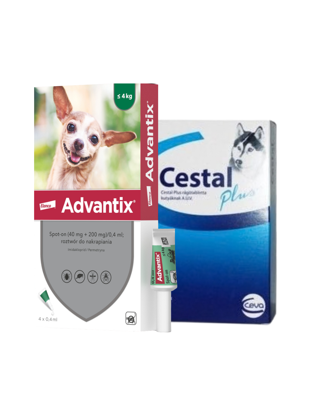 Advantix - dla psów do 4kg (4 pipety x 0,4ml)+ Cestal Dog Plus tabletki na odrobaczanie psów 2 sztuki