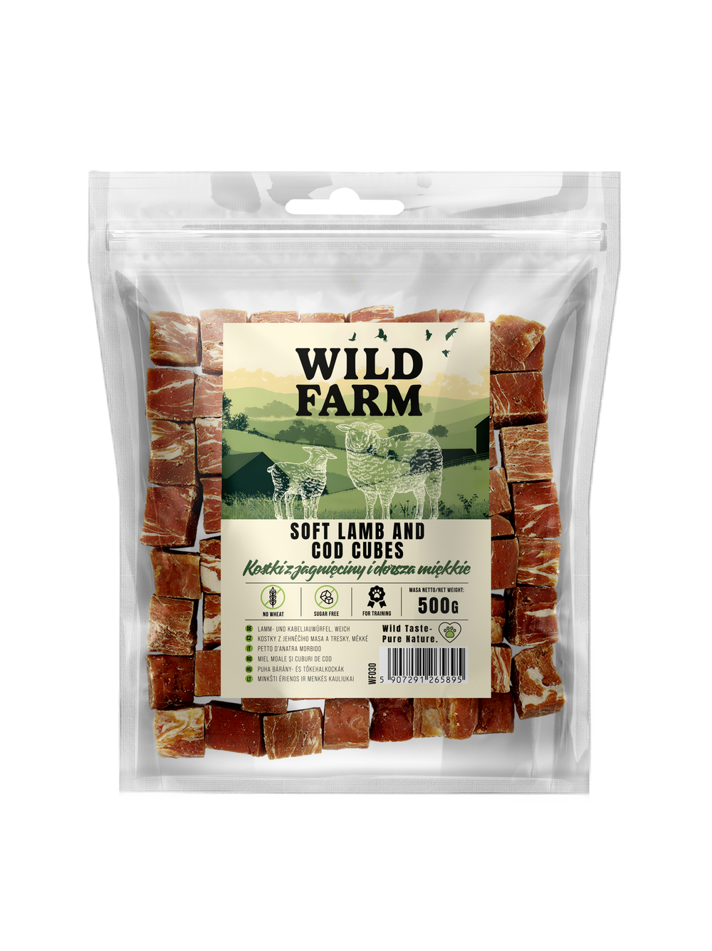 WILD FARM kostki z jagnięciny i dorsza miękkie 500g przysmak dla psa
