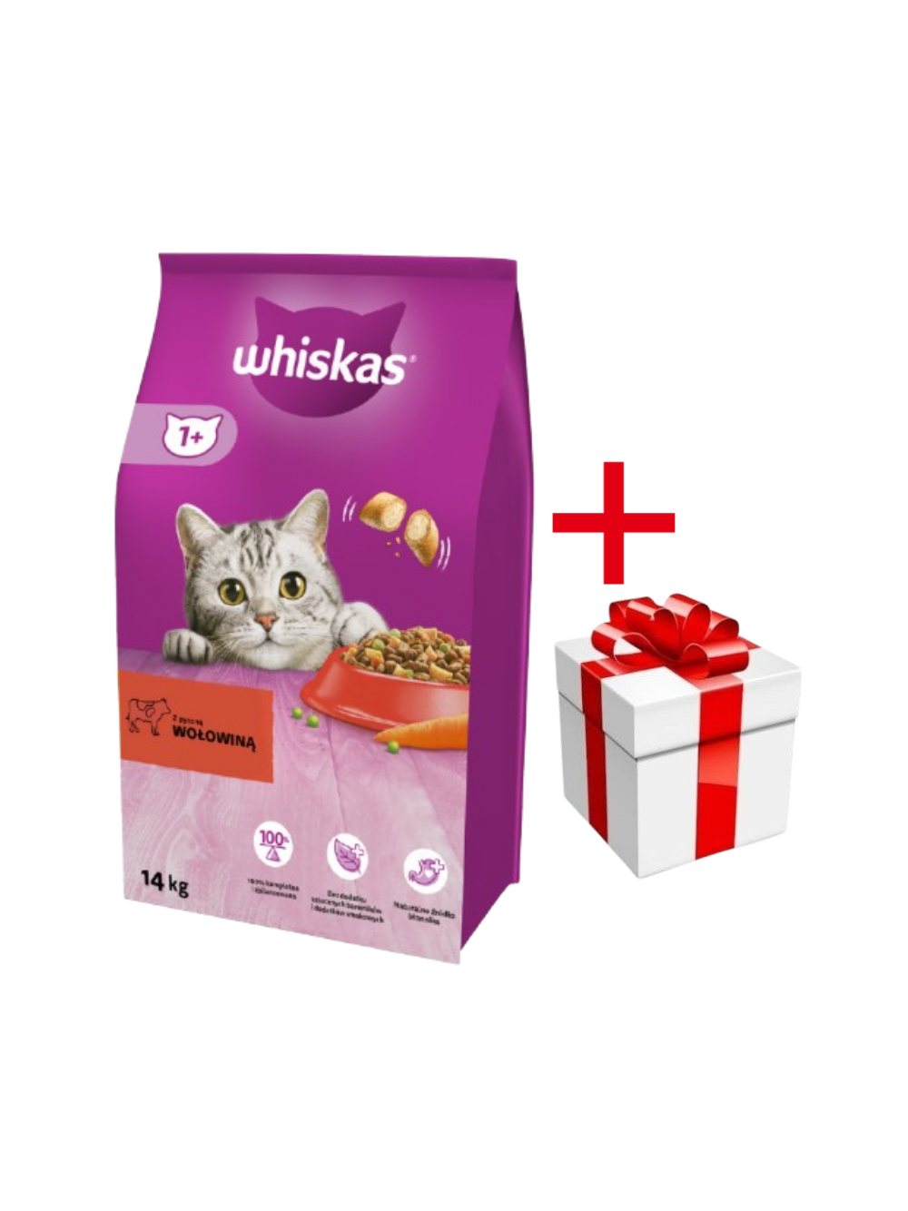 WHISKAS Adult 14 kg - sucha karma dla dorosłego kota, z pyszną wołowiną + niespodzianka dla kota GRATIS!!!