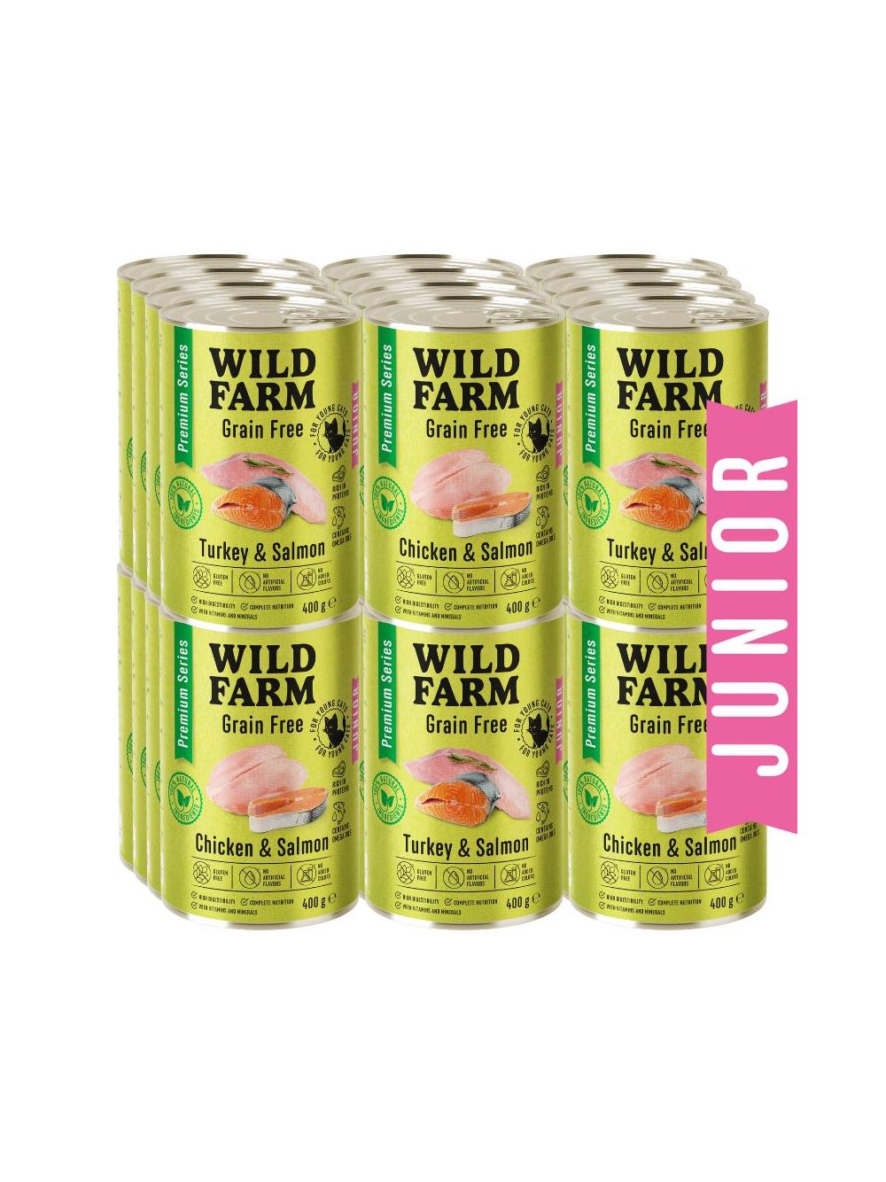 WILD FARM Premium Grain Free Turkey and Salmon / Chicken and Salmon Junior 24x400g  - bezzbożowa karma dla kociąt