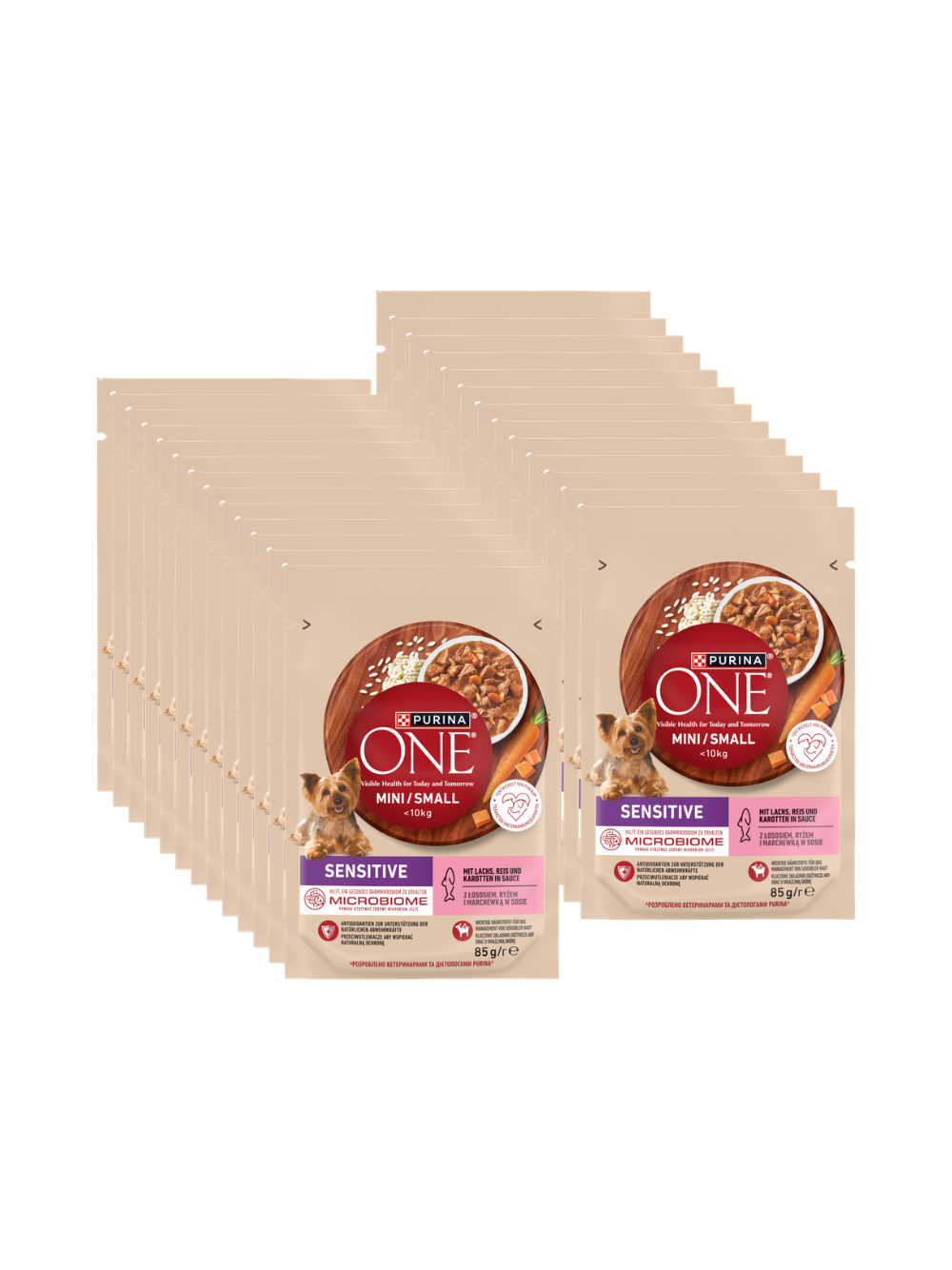 PURINA ONE Sensitive Mini/Small Karma dla dorosłych psów z łososiem i ryżem i marchewką w sosie 26x85g