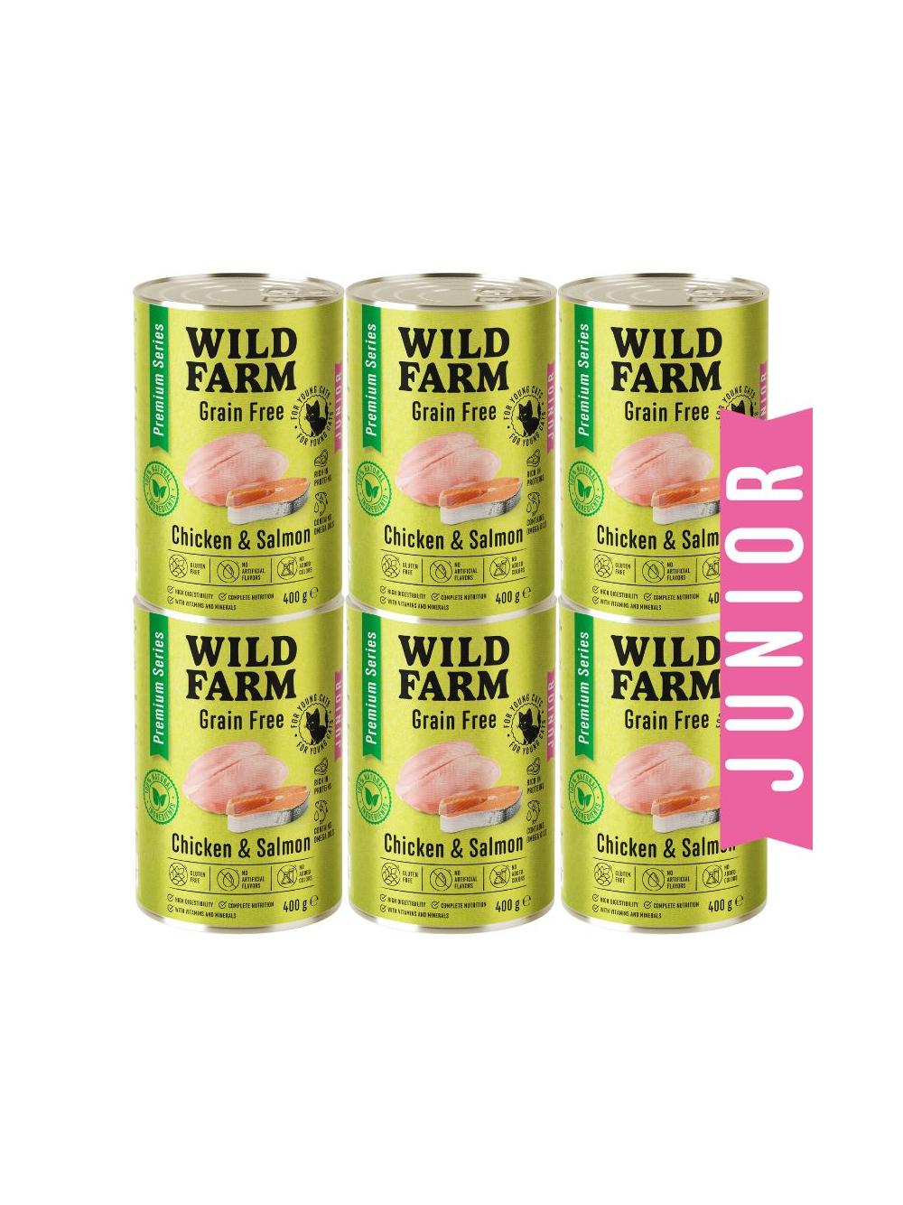 WILD FARM Premium Grain Free Chicken and Salmon Junior 6x400g  - bezzbożowa karma dla kociąt