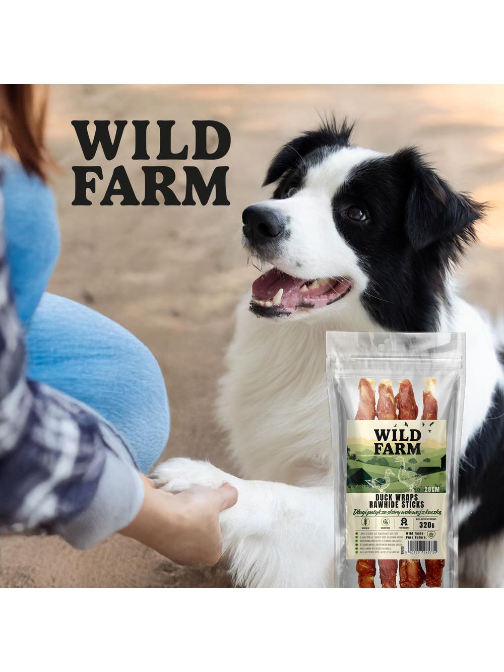 WILD FARM Długi patyk ze skóry wołowej z kaczką 28cm 320g przysmak dla psa