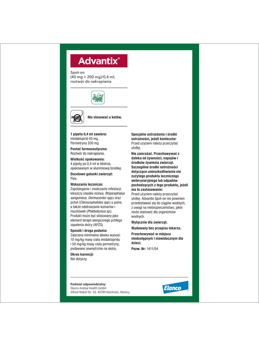 Advantix - dla psów do 4kg (4 pipety x 0,4ml)+ TRIXIE Szczypce do usuwania kleszczy 9cm