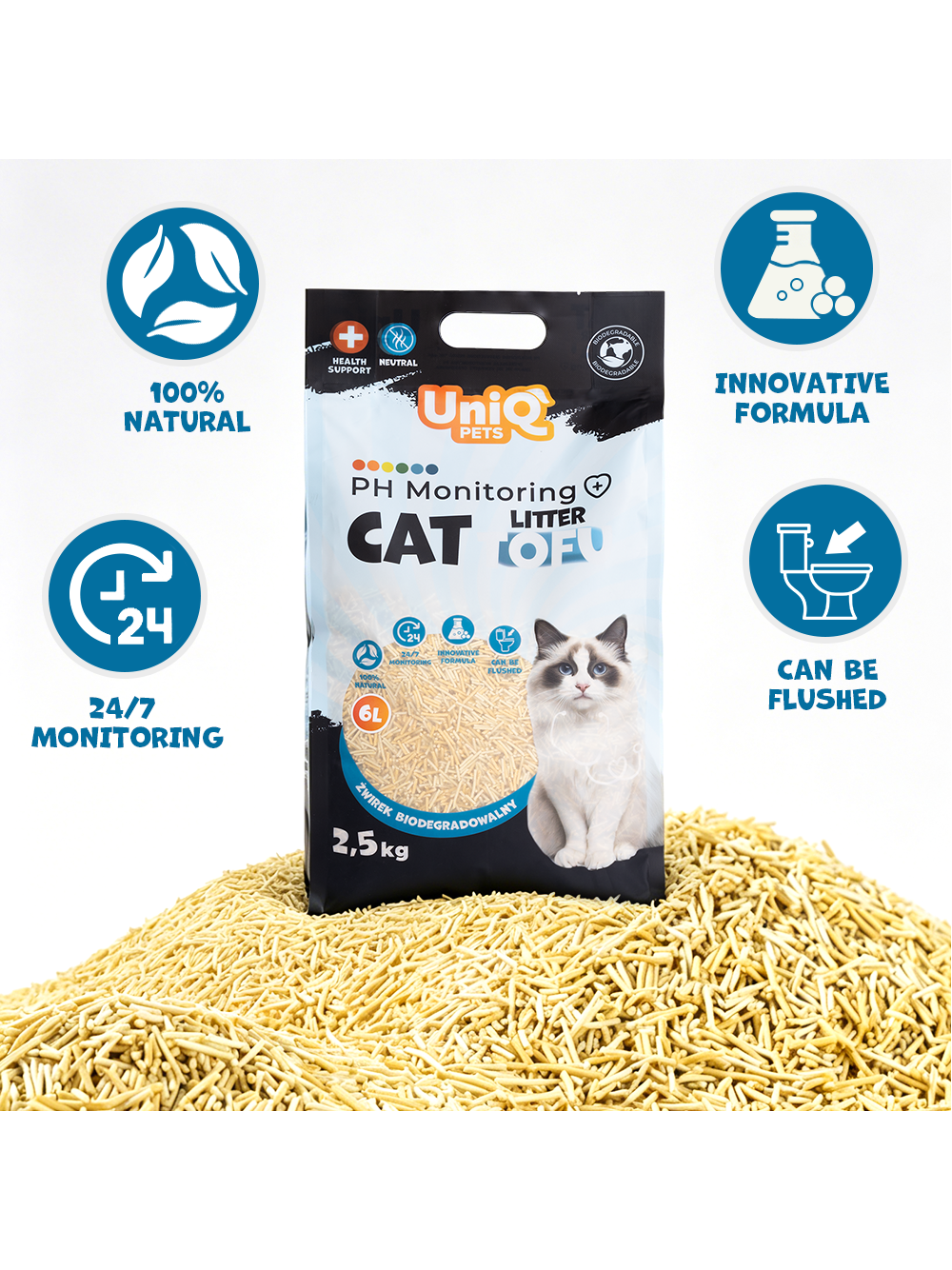UNIQ PETS ŻWIREK DLA KOTA TOFU, pH monitoring, biodegradowalny 2,5 kg bez zapachowy.