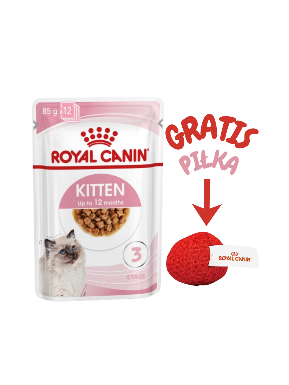 ROYAL CANIN Kitten Instinctive w sosie 12x85g karma mokra w sosie dla kociąt do 12 miesiąca życia + Royal Canin piłka dla kota GRATIS!!