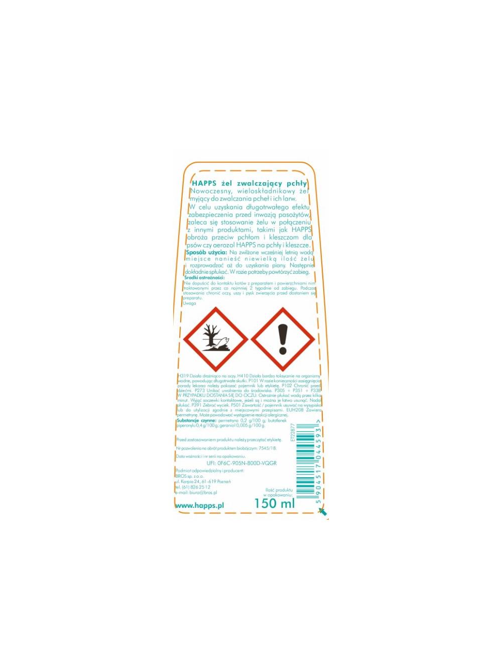 HAPPS - żel zwalczający pchły 150ml + 2x Czyścik do usuwania sierści - łapka GRATIS!!