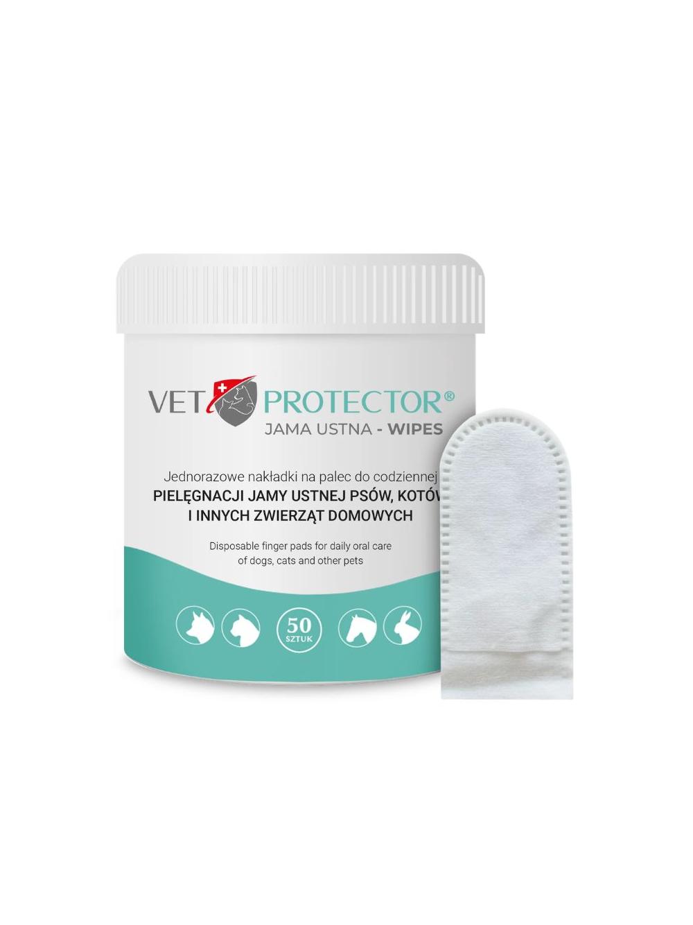 VET PROTECTOR® JAMA USTNA – WIPES nakładki na palec do higieny jamy ustnej dla psa, kota i innych zwierząt domowych 50 sztuk