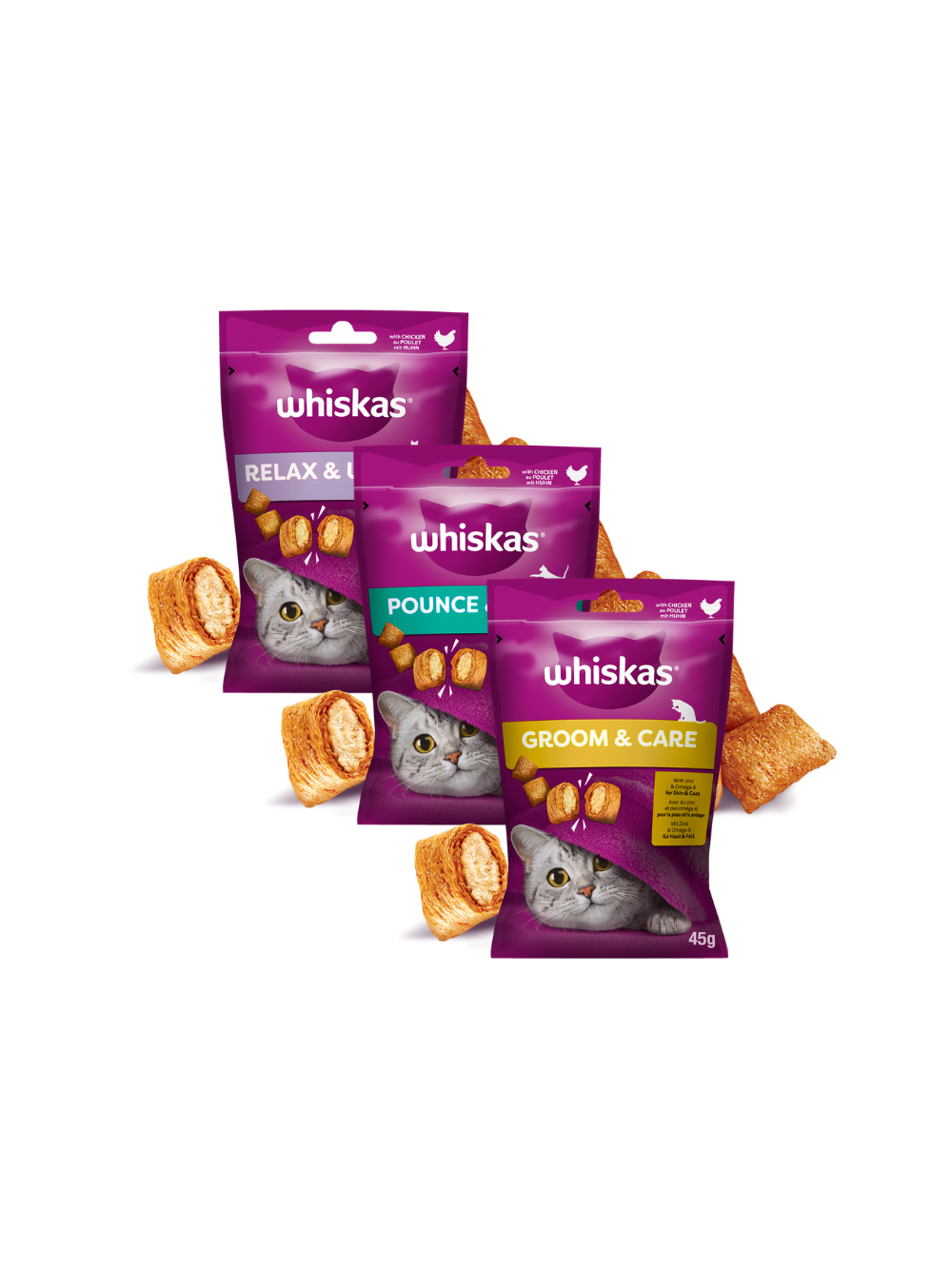 WHISKAS (Zdrowy Blask,Energia i Witalność,Relaks i Odprężenie) 3x45g - przysmak dla kota, z kurczakiem