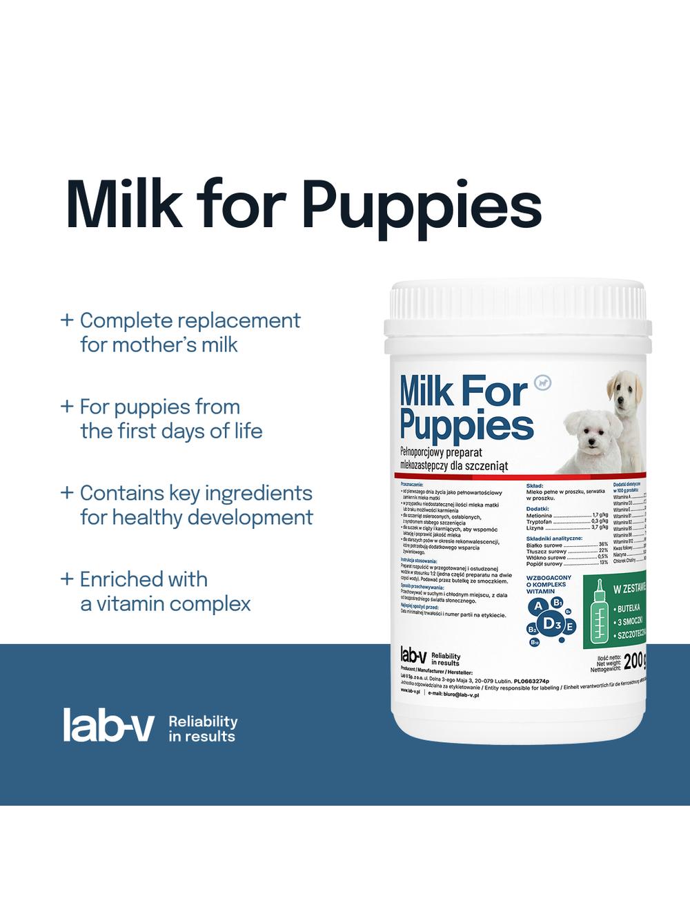 Lab-v Milk For Puppies- mleko dla szczeniąt 200g-Zestaw z butelką i smoczkami