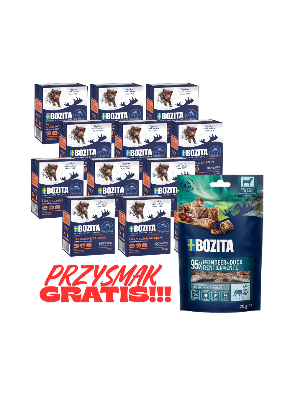 BOZITA Dog: Łosoś w galarecie 12x370g + BOZITA Meaty Bites renifer z kaczką przysmak pies 70g GRATIS!!!