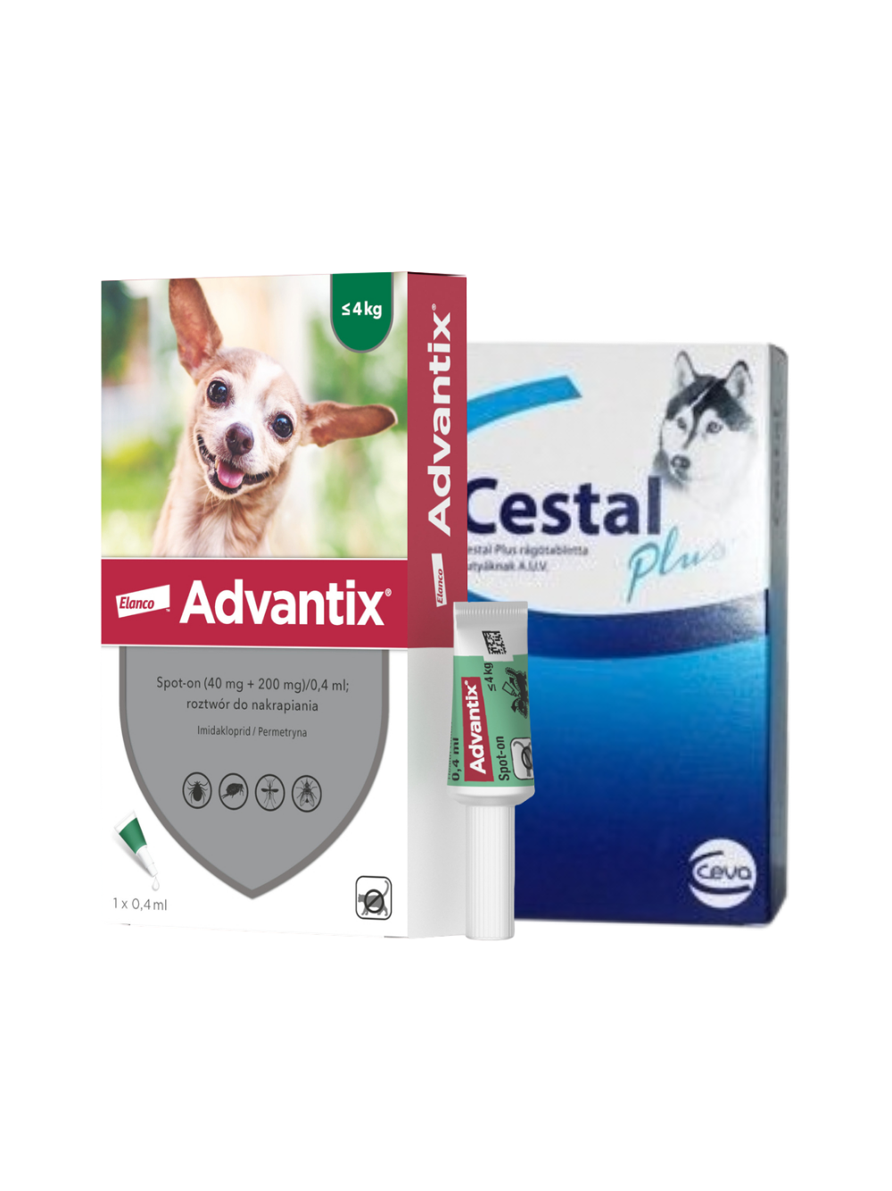 Advantix - dla psów do 4kg (pipeta 0,4ml)+ Cestal Dog Plus tabletki na odrobaczanie psów 2 sztuki