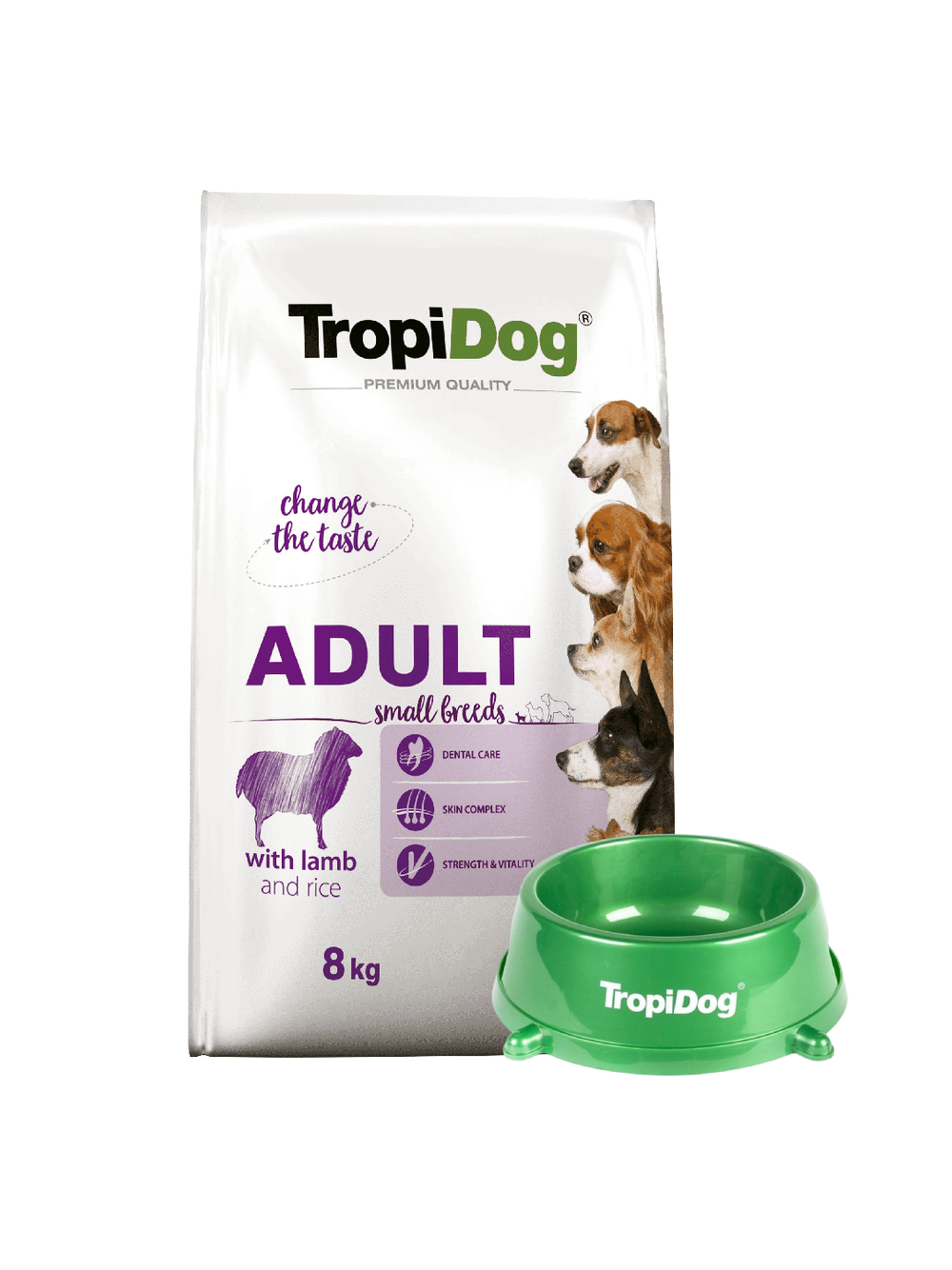 TROPIDOG Premium Adult Small Breeds z jagnięciną i ryżem 8kg + Miska mała GRATIS!!