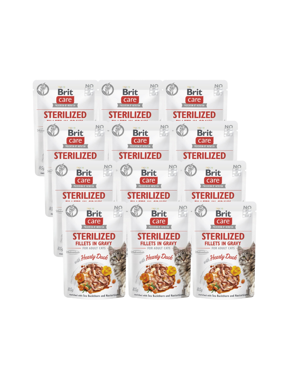 BRIT CARE Cat Sterilized Fillets in Gravy with Hearty Duck Enriched with Sea Buckthorn and Nasturtium 12x85g