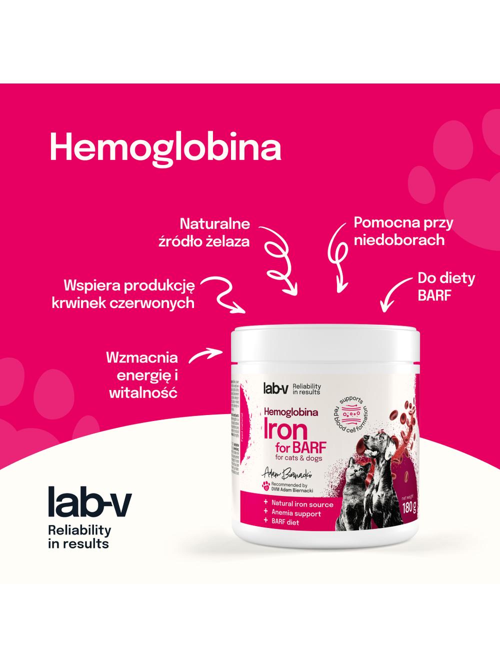 Lab-v Hemoglobina – naturalne żelazo hemowe do mieszanek BARF i diet domowych 180 g