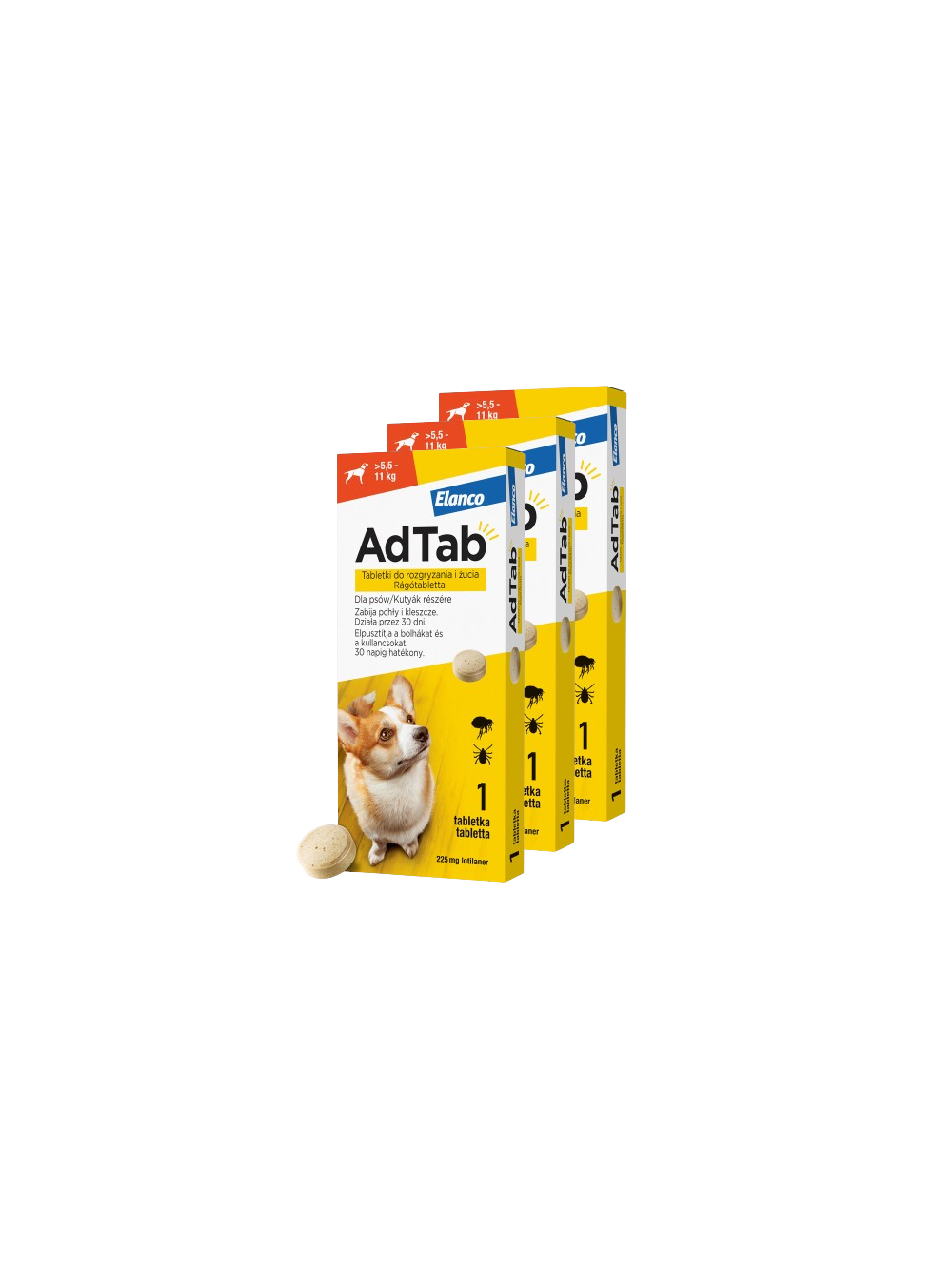 ELANCO 3xAdTab 225mg tabletki na pchły i kleszcze dla psów >5,5 - 11 kg