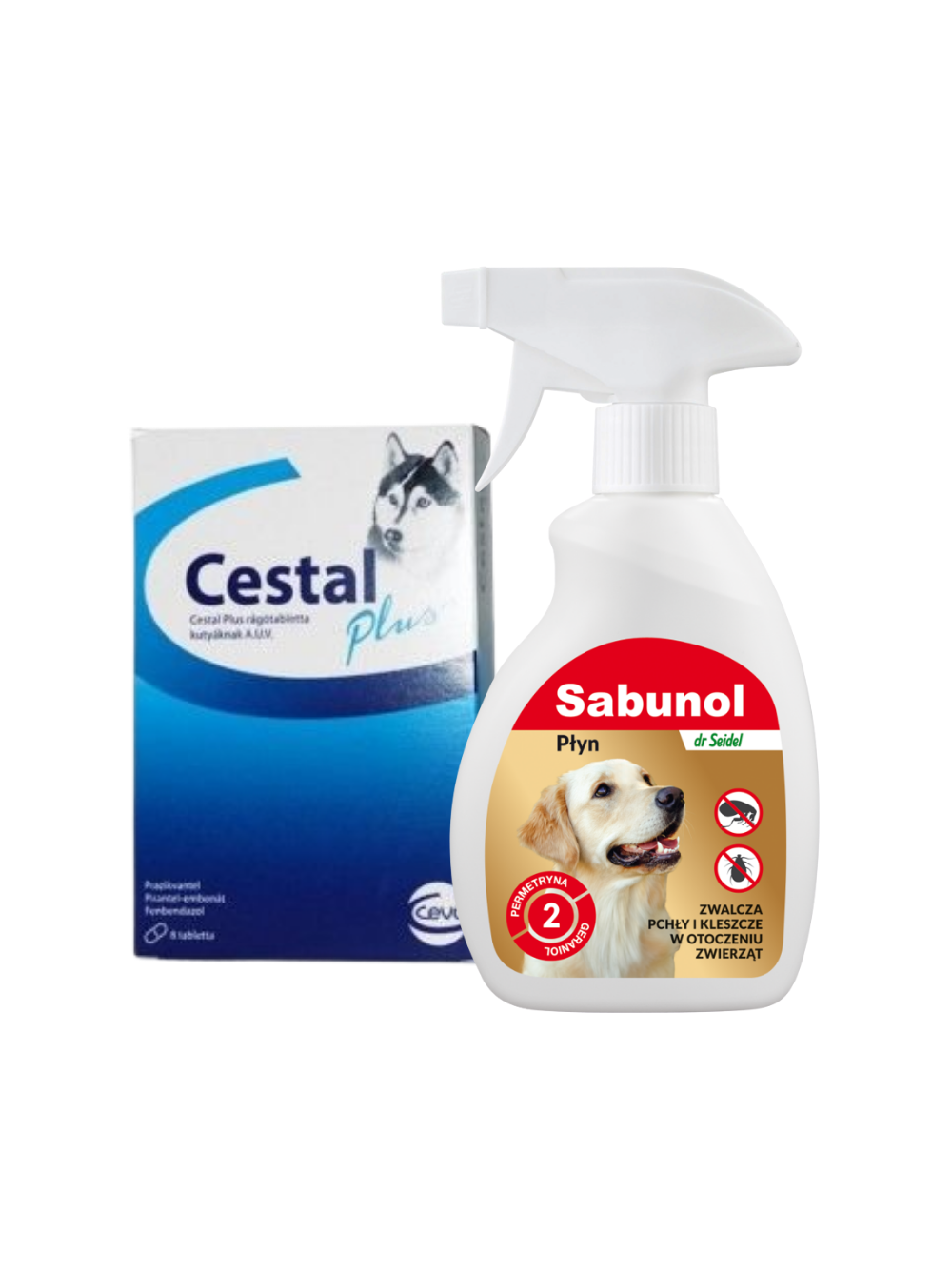 SABUNOL- Płyn do zwalczania pcheł w otoczeniu zwierząt 250ml+ Cestal Dog Plus tabletki na odrobaczanie psów 2 sztuki