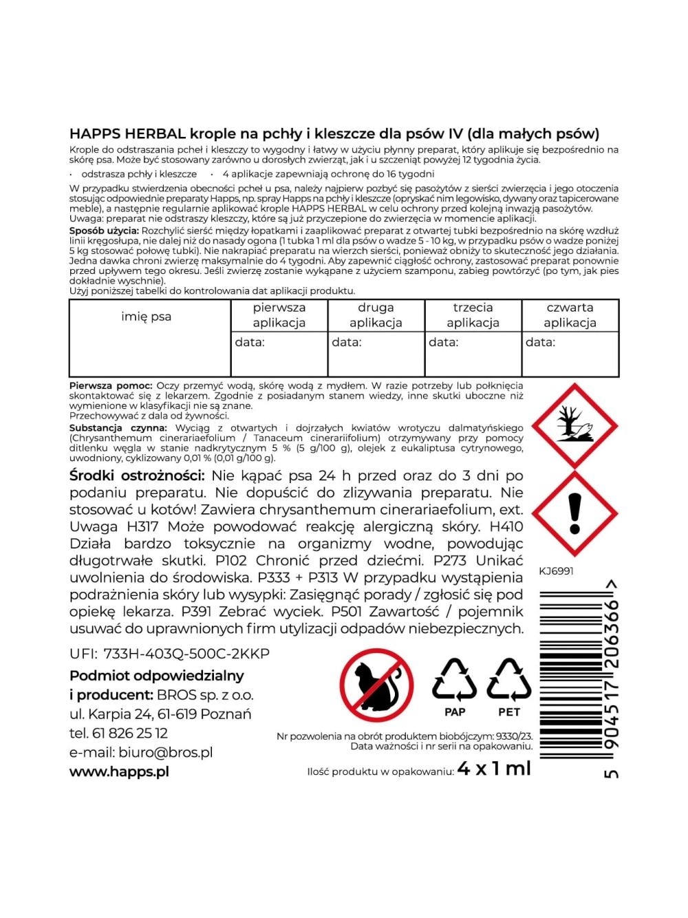 HAPPS Herbal - krople na pchły i kleszcze dla małych psów 5-10kg